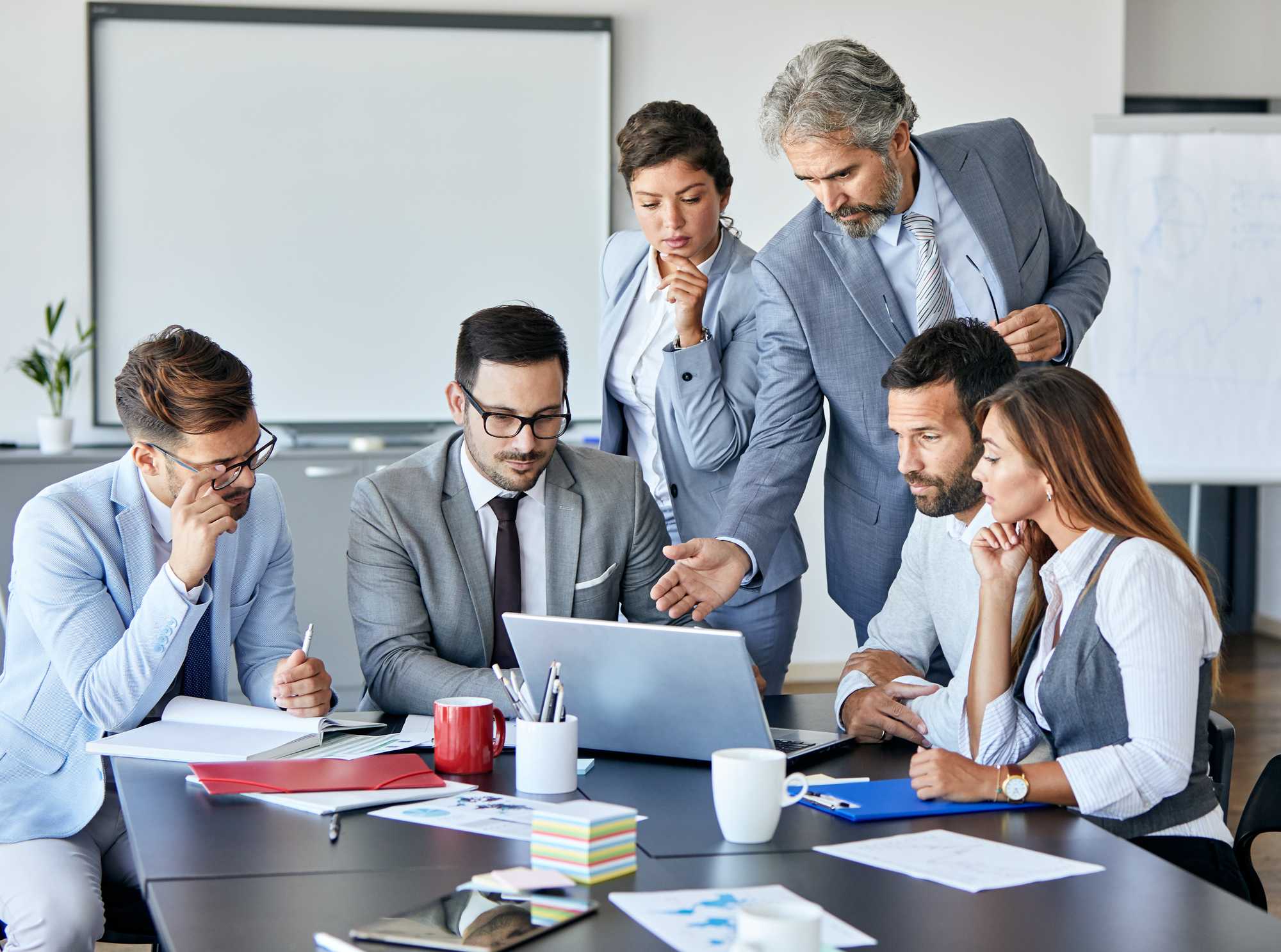 team clustered around laptop, midfield, gray, white